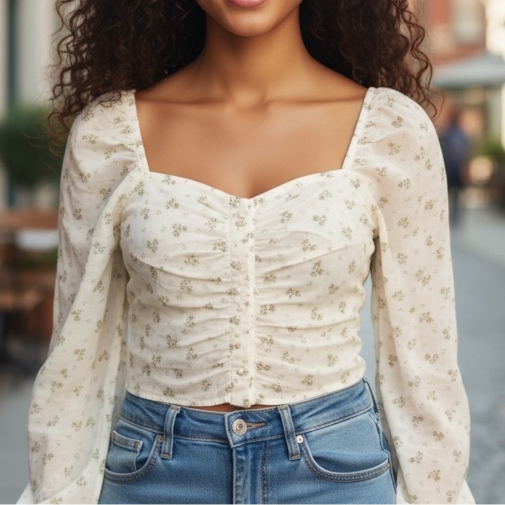 American Eagle AEO Long Sleeve Pink Floral Fairycore Milkmaid Boho Top